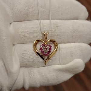10k Gold Pendant for necklaces Heart Ruby & Diamonds Solid real 10kt